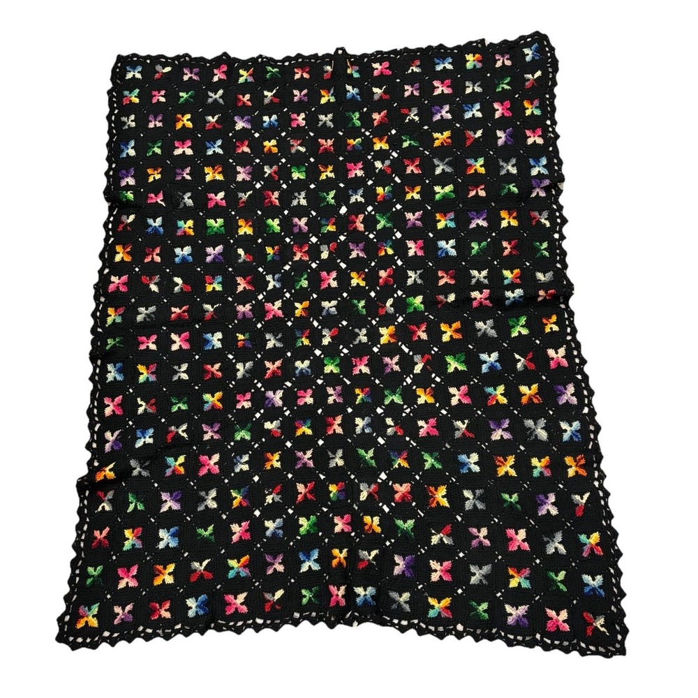 Vintage Handmade Granny Square Afghan Black Multicolor Crochet Throw